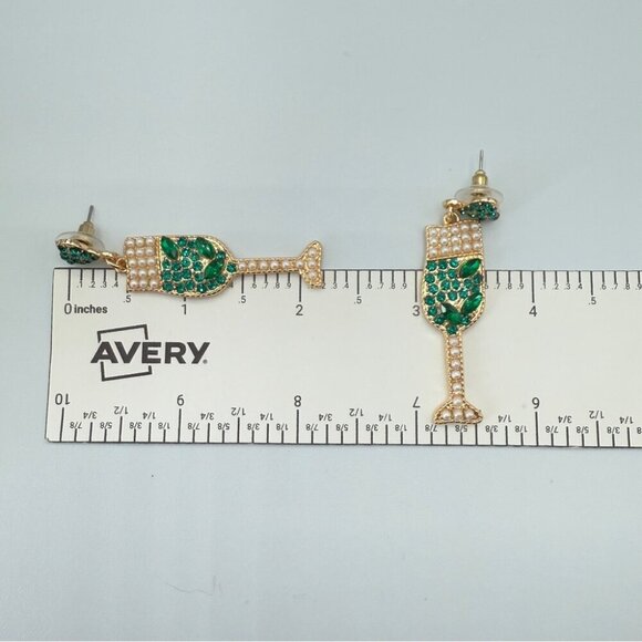 Elegant Green Rhinestone and Faux Pearl Studded Drink Earrings - Picture 3 of 7